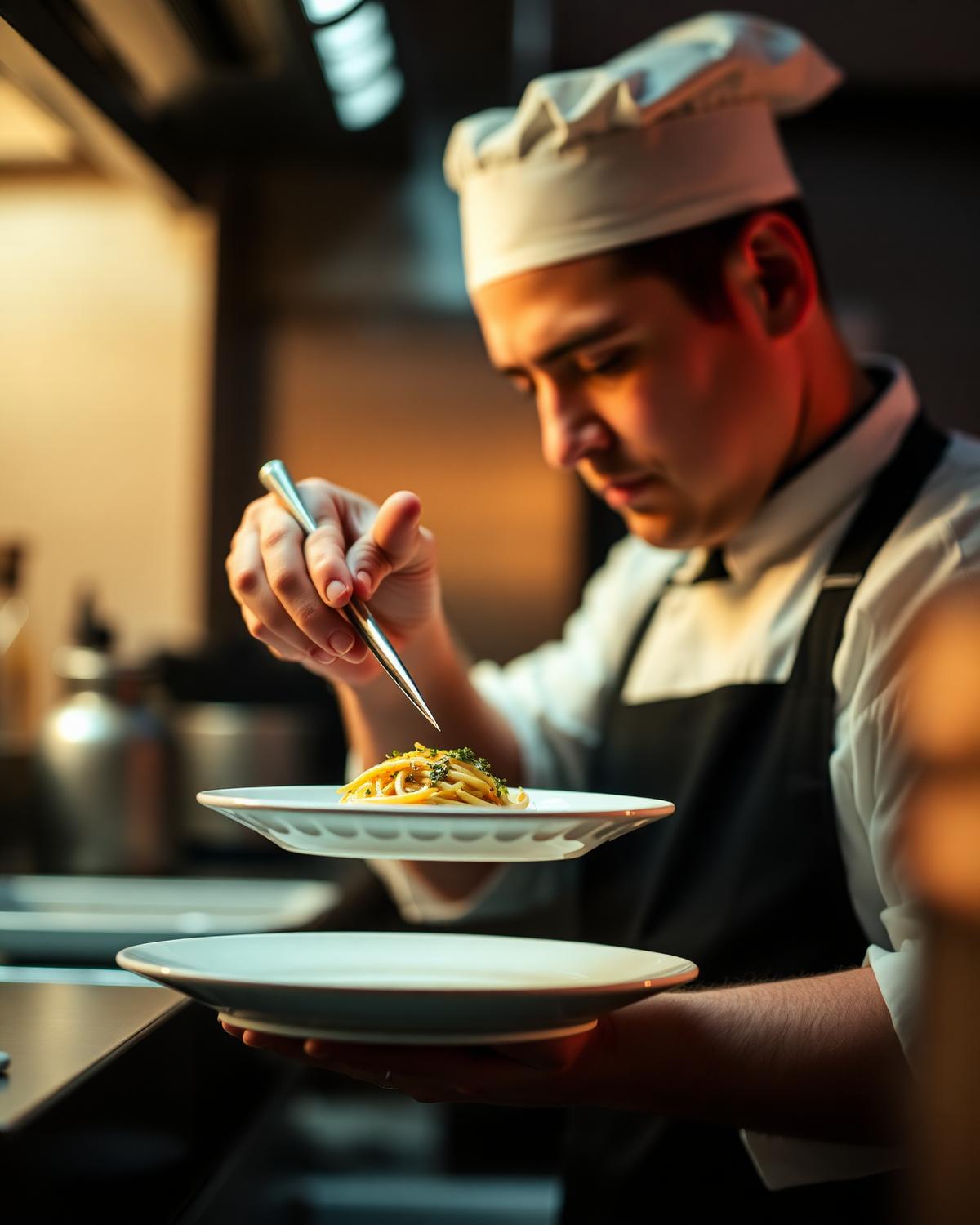 Chef plating a dish in the kitchen
